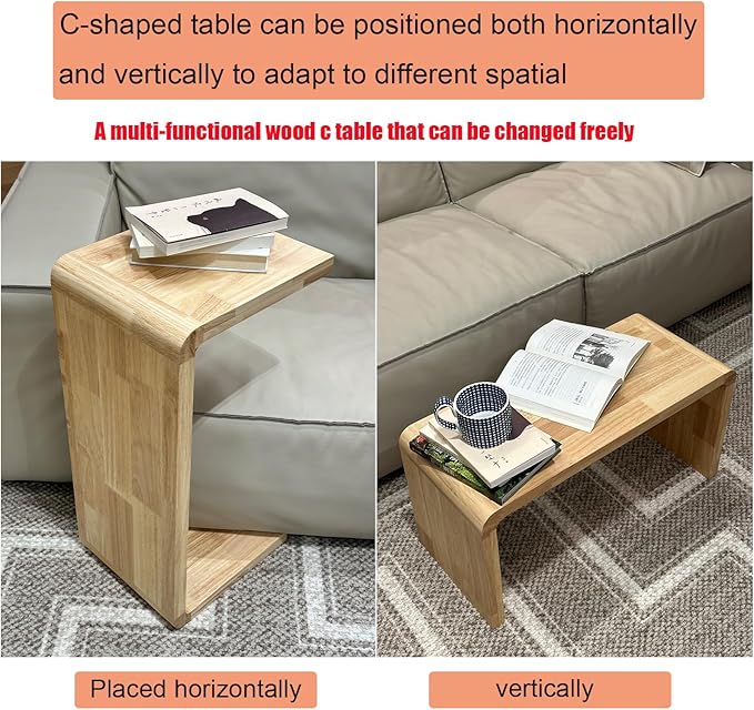 C Shaped End Table, Solid Wood C Side Table for Couch Sofa and Bed, Sofa Tables That Slide Under for Space Saving, Small Snack C Tables for Living Room Bedroom (H 24.4″ - Wood, 2)