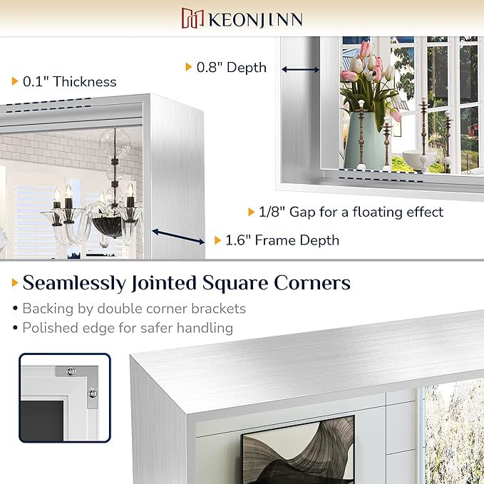 Keonjinn Silver Bathroom Mirror 55 x 36 Inch Large Rectangle Wall Mirror for Vanity Metal Framed Farmhouse Mirror Square Corner Modern Rectangular Mirror for Bathroom Sink(Horizontal/Vertical)