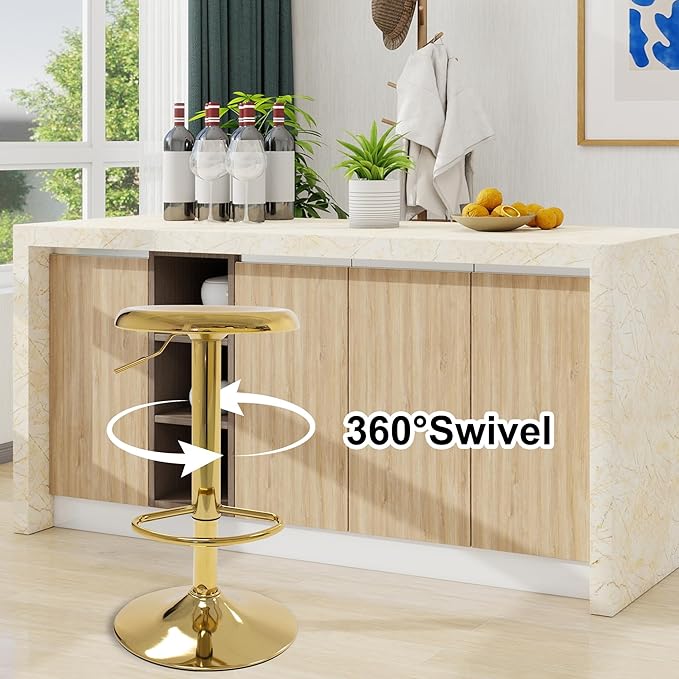 CAROLMADE Bar Stools Set of 2, Adjustable Metal Bar stools Swivel Counter Height Stool, Backless Barstools for Kitchen Island Pub, Gold