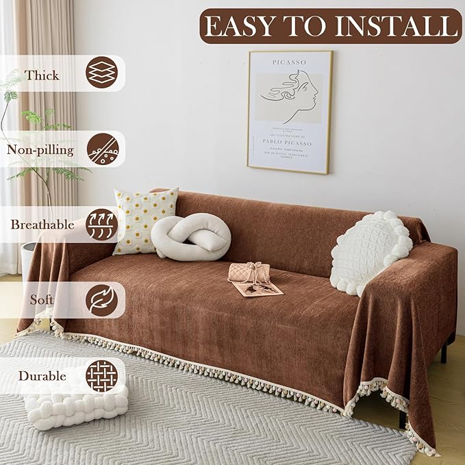 HANDONTIME Boho Style Sofa Cover with Tassels, Washable & Non-Slip Couch Cover for 3 Cushion Sofa, Herringbone Pattern Pet-Friendly Sofa Slipcover, Chocolate Color, 71"x118", Living Room Decor