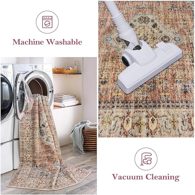 Lahome Oriental Washable Kitchen Runner Rug Non Slip, 2x8 Runners for Hallways with Rubber Backing, Vintage Soft Long Carpet for Bathroom Laundry Bedroom, Peach/Orange