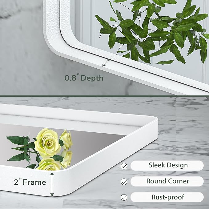 TokeShimi 40 x 24 Inch Wall Mirror for Bathroom White Metal Frame Decorative Rectangular Wall Mounted Home Decor Corner Hangs Farmhouse Mirror (Horizontal/Vertical)
