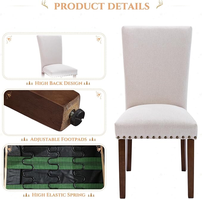 Set of 4 Beige Upholstered Dining Chairs, Farmhouse Kitchen Chairs with High Back Support, Solid Rubberwood Legs, Comfortable Padded Seat, Bronze Nailhead Trim, Dining Room Chairs for Family Meals