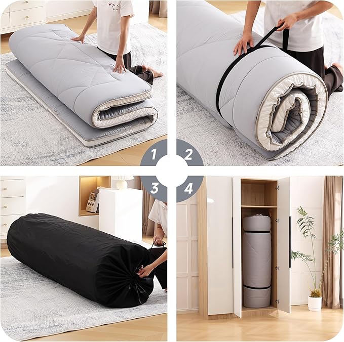 Welnow Japanese Futon Floor Mattress, Thick Twin Size Tatami Mat Portable & Foldable Roll Up Floor Bed Mattress with Storage Bag, Sleeping Pad for Adults, Dorm, Guest Bed, Camping and Travel, Grey