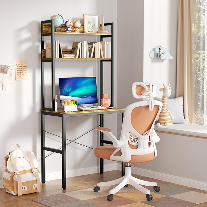 Aquzee 31 Inch Desk Hutch, Teen Desk with Shelves, Study Desks with Storage, Computer Desks for Small Spaces, Kids, Student, Space Saving, Easy Assemble, Rustic Brown