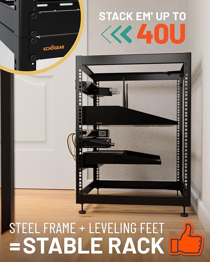 ECHOGEAR 15U Open Frame Rack for Servers & AV Gear - Wall Mountable Design Includes 2X Vented Shelves, 25x Rack Mounting Screws, 4X Leveling Feet, 4X Shelf Stops, & 2X Securement Straps