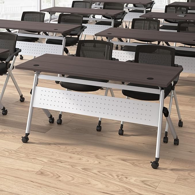 Bush Business Furniture Folding Training Table Set for 2, 60 inch Desk with Powered Grommets and 2 Chairs with Arms, Commercial-Grade Bundle for Office or Classroom, Envision Collection, Gray
