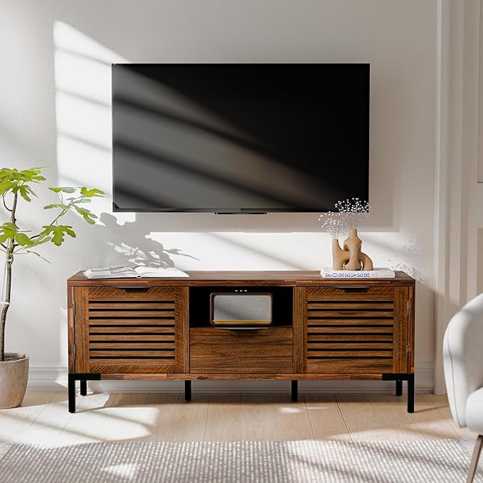 Bme Millie Solid Wood TV Stand for TVs up to 65 Inches, Modern Farmhouse TV Stand with Rustic Charm, TV Stands for Living Room, Chestnut