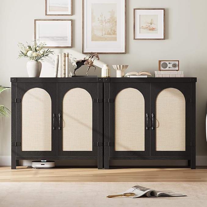 IDEALHOUSE Rattan Buffet Cabinet with Storage, Sideboard with Synthetic Rattan-Accent Doors, Adjustable Shelves, Storage Cabinet for Living Room Dining Room Hallway, Black