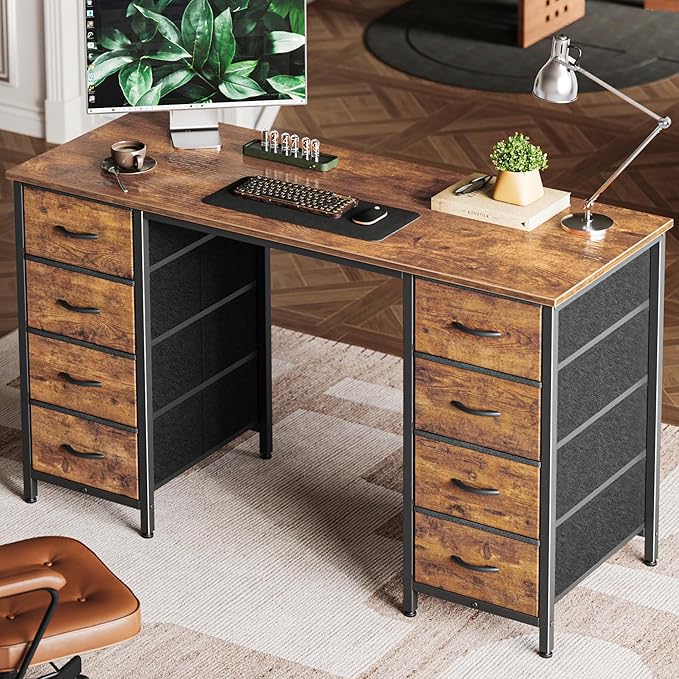 Huuger 47 Inch Computer Desk with 8 Fabric Drawers, Office Desk Work Desk for Home Office, Study, Gaming Desk with Drawers, Large Storage, Rustic Brown