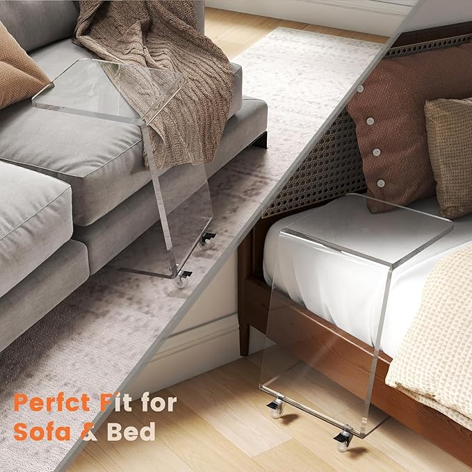 Modern Acrylic Side Table, Mobile C Shaped End Table for Sofa, Invisible Style Nightstand/Drink Tables/Snack Rolling Cart - Unique Stable Trapezoid Frame Design