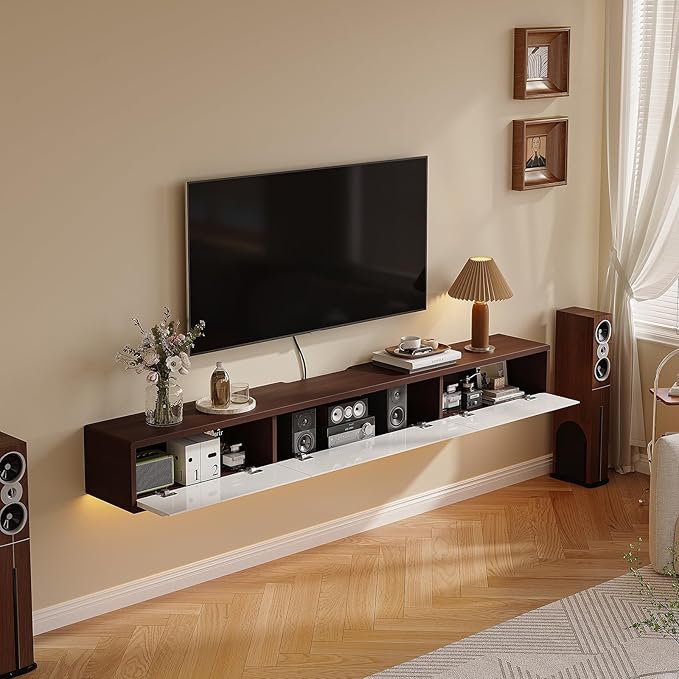 Floating TV Stand High Gloss,47'' Wall-Mounted TV Cabinet,Floating TV Console,Under TV Shelf with 3 Doors for Living Room Bedroom(Walnut+White)