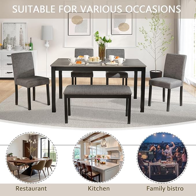 soges 6-Piece Kitchen Dining Table Set with Bench and Chairs, Dining Table Set for 6 with Bench, Wooden Table Set for Kitchen, Dining Room, Grey