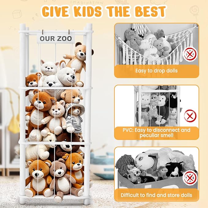 Stuffed Animal Storage & Organizer, Wooden Cute Zoo Toy Holder for Toddler Rooms, Playrooms & Bedrooms（White）
