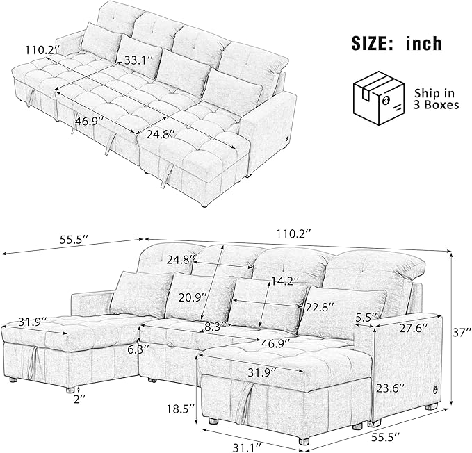 Ball & Cast 110.2" Oversized Versatile Sectional Sleep Sofa with Two USB Ports,U-Shape 4 Seat Pull-Out Couch w/Double Storage Chaise Lounges,for Living Room,Apartment,Office,Gray