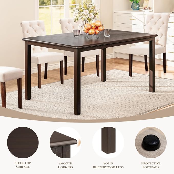 COLAMY 60 Inch Rectangular Kitchen Dining Table for 6, Modern Farmhouse Dining Table Set for 6, Wood Dining Table and Upholstered Dining Chairs for Kitchen, Dining Room, Restaurant, Brown/Blue