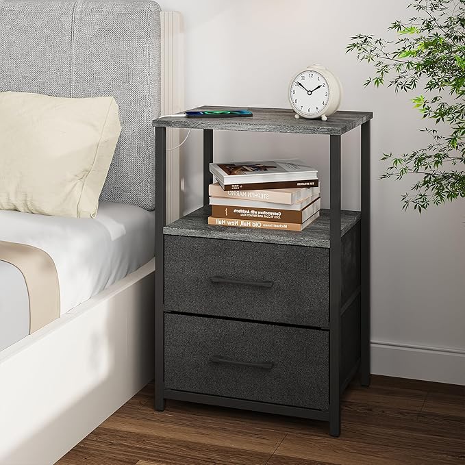 TUTOTAK End Table, Night Stand, Side Table, Nightstand with Cloth Drawer, Bedside Table for Livingroom, Bed Room, Charcoal Grey TB01BY087
