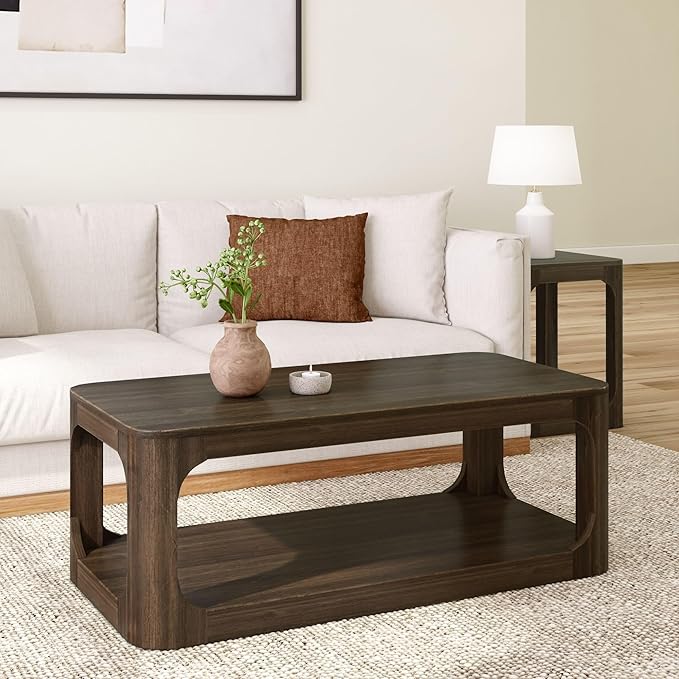 Plank+Beam Forma Coffee Table, Solid Wood 48 Inch Modern Coffee Table with Shelf, Contemporary Center Table with Storage Space, Rectangle Tea Table with Storage, Walnut