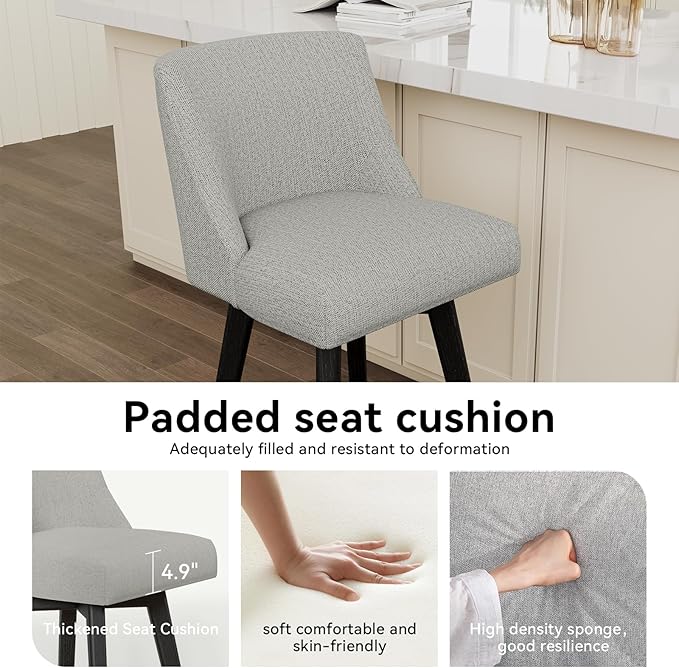Vipbear Swivel Counter Height Bar Stools Set of 6,26.8" H Counter Stools with Back, Mid Century Modern Bar Stools for Kitchen Island,Linen Fabric,Wooden Base, Light Gray