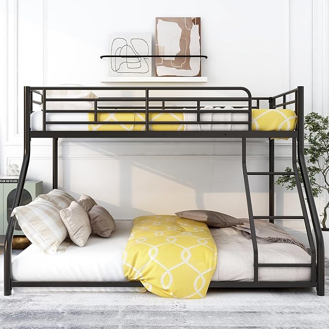 Twin XL Over Queen Metal Floor Bunk Bed with Sloping Stairs and Safety Guardrails for Bedroom,Guest Rooms, No Box Spring Needed, Simple to Assemble,Black
