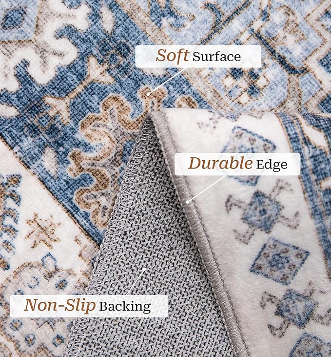 zesthome 8x10 Area Rugs for Living Room,Non-Slip Backing Washable Rugs,Vintage Large Area Rug,Stain Resistant Home Decor Rug (Blue/Beige,8'x10')
