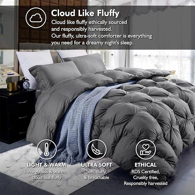 Luxurious Goose Down Feather Fiber Comforter California King Size Duvet Insert, Pinch Pleat Ruffled Twisted Flower, Premium Baffle Box, 100% Egyptian Cotton Cover, 75 oz. Fill Weight, Gray