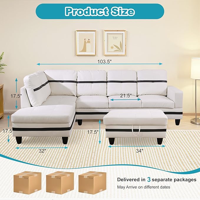 L Shaped Couch PU Leather Sectional Couch Upholstered 3 Pieces Sofas for Living Room with Chaise, Storage Ottoman for Office and Small Apartment, White and Black