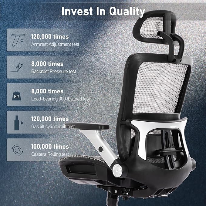 COLAMY Ergonomic Mesh Office Chair with Footrest, High Back Computer Executive Desk Chair with Headrest and 4D Flip-up Armrests, Adjustable Tilt Lock and Lumbar Support-Grey