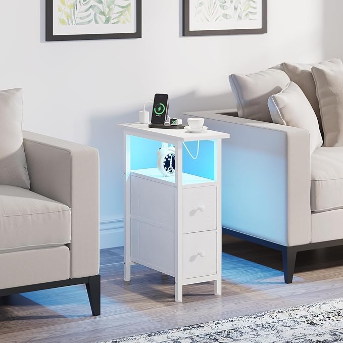 End Table Set 2 with Charging Station, Narrow Side Table with 2 Fabric Drawers, Skinny Nightstand with LED Light, Slim Bedside Table for Bedroom, Living Room, Small Spaces, White