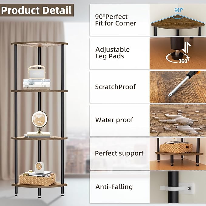 4 Tier Corner Shelf, Bookcase for Small Spaces, Corner Display Shelf, Plant Stand, Rustic Brown and Black,Suitable for Bedroom,Living Room,Kitchen
