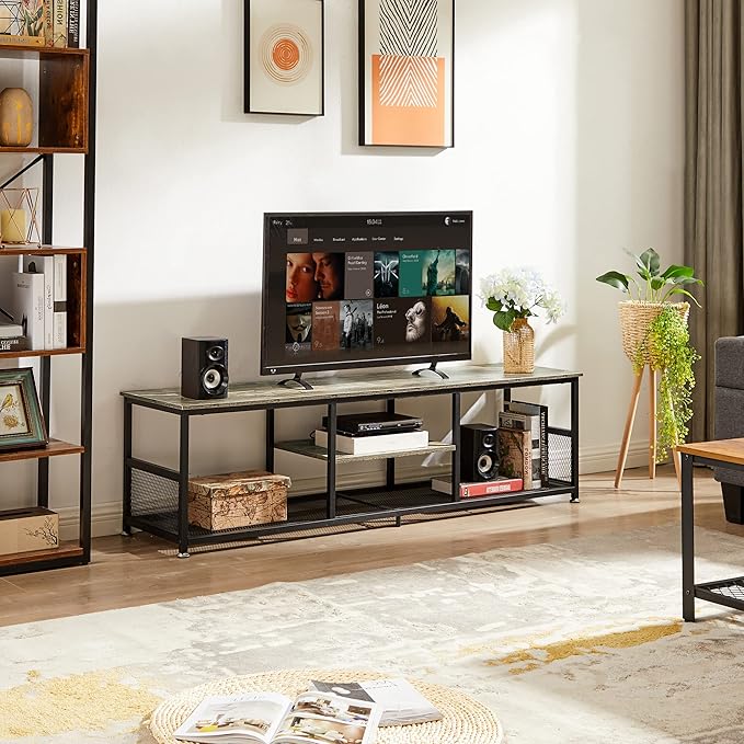 VECELO TV Stand for Televisions up to 80 Inch 70" Entertainment Center with Open Storage Shelves for Living Room/Bedroom, 3 Tiers Media Console Table Frame, 70 Inches, Grey +Metal