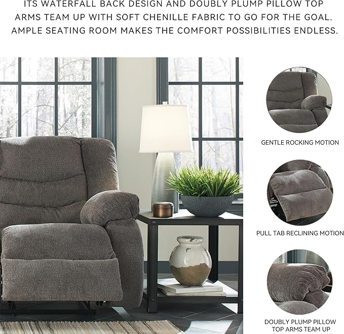 Signature Design by Ashley Tulen Modern Manual Pull Tab Rocker Recliner, Dark Gray