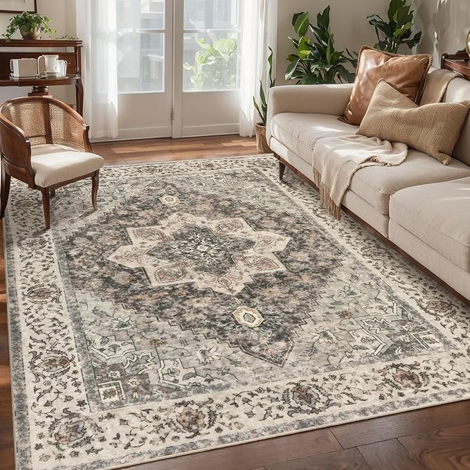 Tangsoo Washable Rug 4x6 Area Rug, Vintage Rug Indoor for Living Room, Non Slip Machine Washable Large Rugs, Soft Print Distressed Brown/Grey Farmhouse Carpet for Bedroom Dining Room Dorm Office