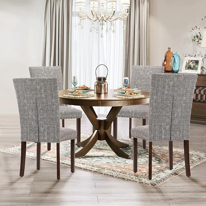 Parsons Dining Chairs Set of 6, Upholstered Nailhead Dining Room Kitchen Side Chair with Thick Cushions and Wood Legs, Black/White