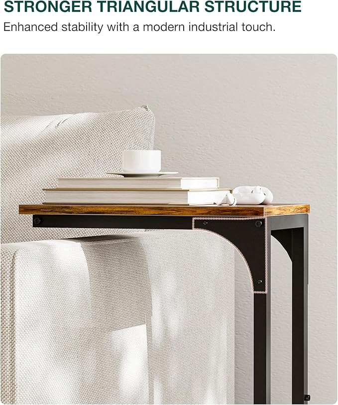 C-Shaped Side Table for Couch - Small Coffee Stand Sofa Tray Desk with Sturdy Metal Frame and Waterproof Scratch Resistant Wood Surface, Modern End Accent for Living Room, Bedroom,Rustic Brown
