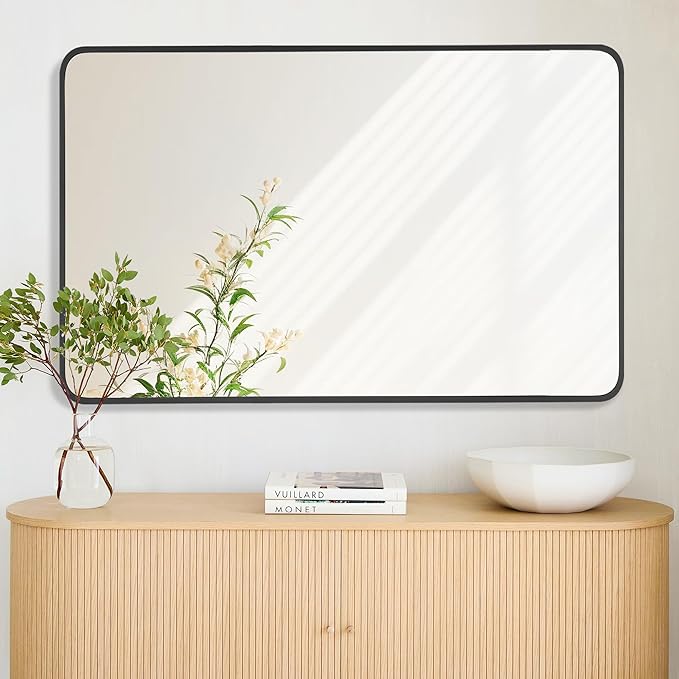 27x40 Inch Rectangle Bathroom Mirror with Black Metal Frame, Rounded Corner Rectangular Vanity Mirror for Wall, Modern Large for Bedroom, Living Room, Horizontal or Vertical
