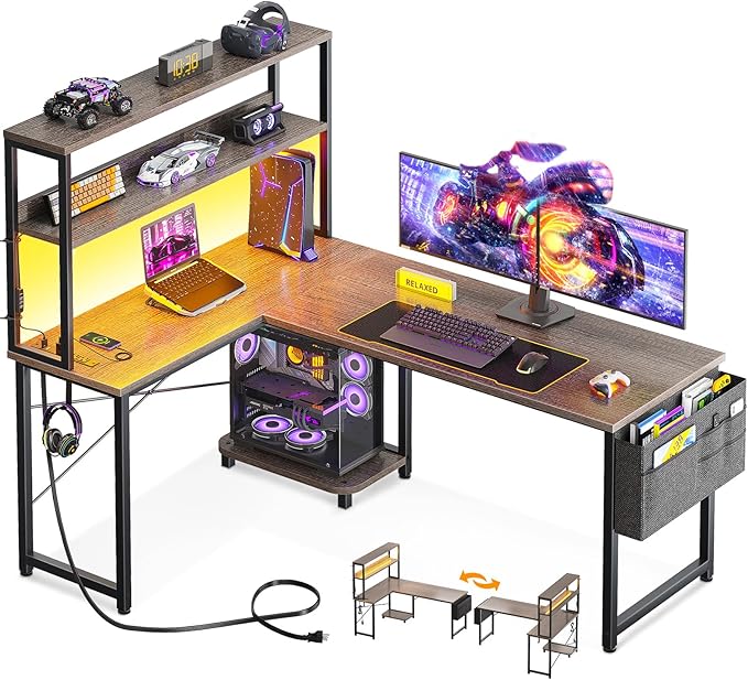 ODK 53 Inch L Shaped Desk with LED Lighting, Reversible Gaming Desk with Power Outlets, Cornor Computer Table with Storage Shelves & Bag & Iron Hook, Home Office Table for Writing, Study, Grey Oak