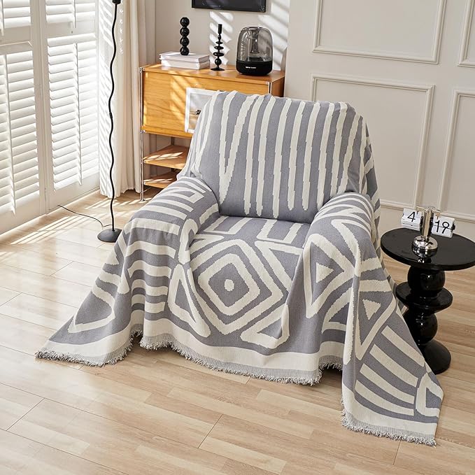 STACYPIK Durable Chenille Gray Beige Sofa Cover Boho Triangle Slipcover Furniture Protector Washable Armchair Couch Cover for 2 Cushion Couch Non-Slip Jacquard Sofa Protector Pet Friendly-71X90IN
