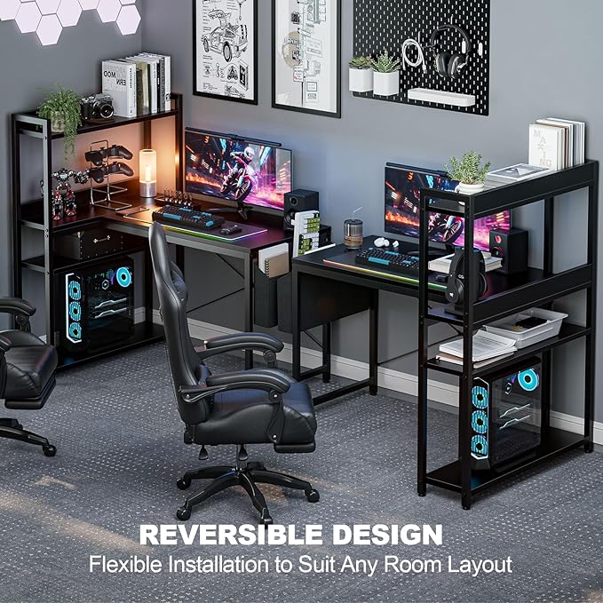 47 Inch L Shaped Computer Desk with Reversible Storage Shelves, Home Office Corner Desk Study Writing Table with Hutch, Study, Black