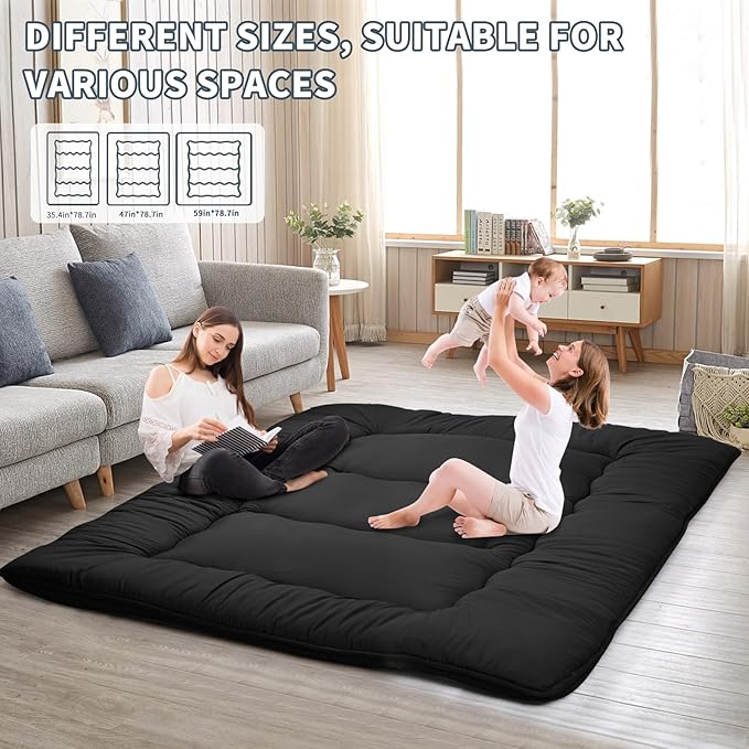 Japanese Floor Mattress,4" Thicken Japanese Floor Sleeping Pad Foldable,Futon Mattress Suitable for Camping and Guest Room (Black, Twin (80" x 36"))