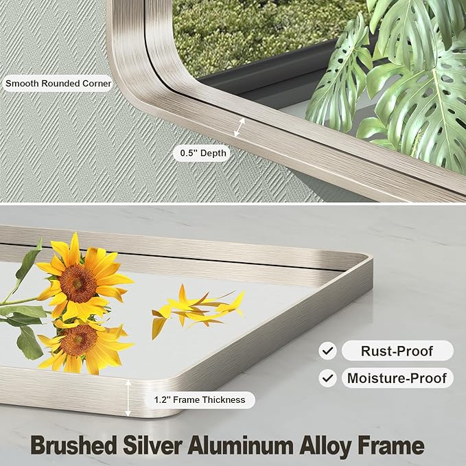 22x30 Inch Brushed Nickel Bathroom Mirror, Brushed Silver Metal Framed Wall Mirror, Rounded Corner Rectangle Modern Vanity Mirror, Tempered Glass, Anti-Rust, Shatterproof (Horizontal/Vertical)