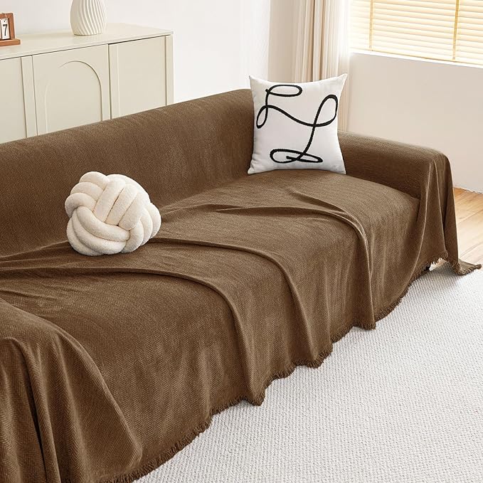 hyha Couch Cover for Dogs, Boho Sofa Covers for 3 Cushion Couch Washable, Chenille Sofa Slipcover for Pets, Soft Loveseat Sectional Couch Throw Blankets with Tassels (Chocolate, 71x118 Inch)
