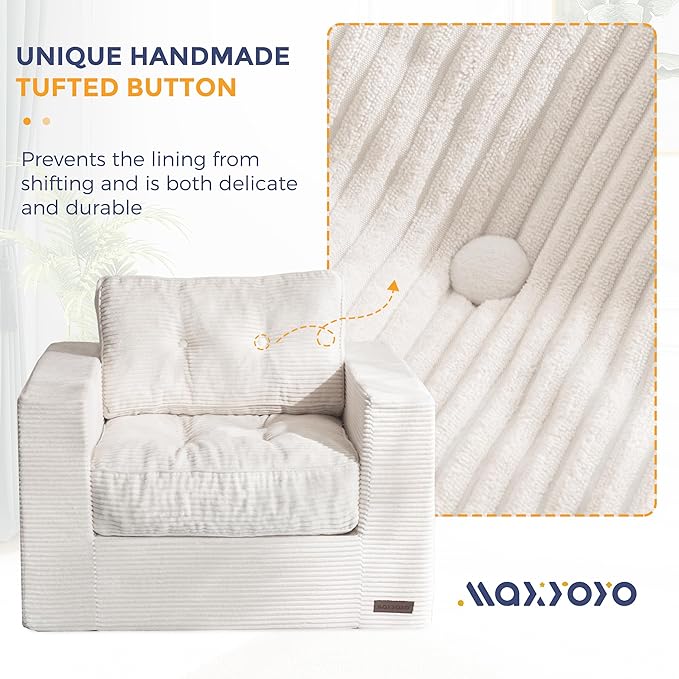 MAXYOYO Living Room Chair for Adults, Upholstered Floor Sofa with Armrests, Boneless Chair with Tufted Cushion & Backrest, Sofa in A Box, Bean Bag Couch for Bedroom Living Room, Dorm, Beige
