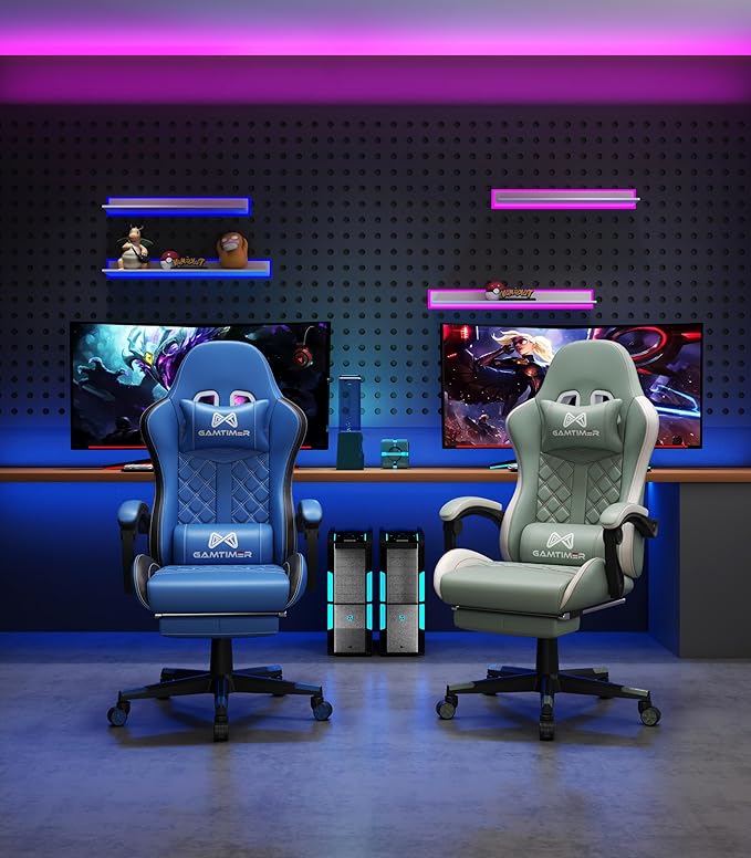 Gaming Chair, 400 lbs Adult Chair, High Back Computer Chair with Footrest and Linked Armrests, Office Video Game Chair with Lumbar Support (Blue)