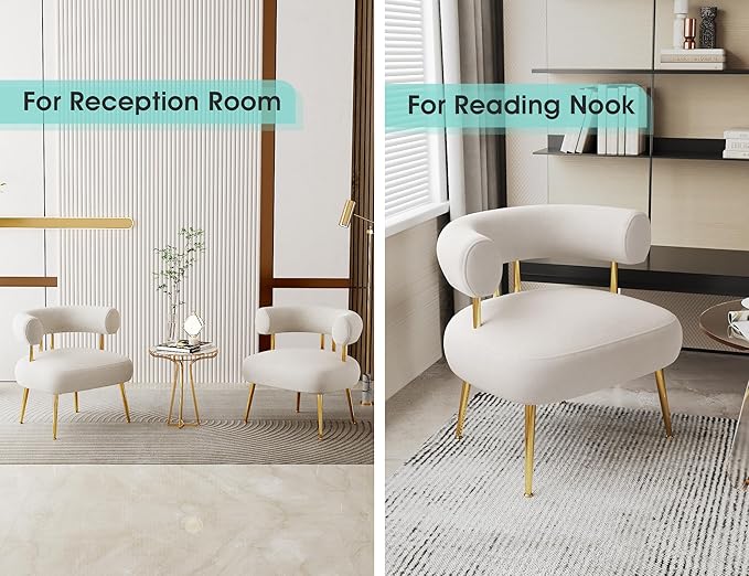 Modern Velvet Accent Chair, Round Upholstered Barrel Armchair for Small Spaces, Fluffy Side Corner Sofa Chair for Living Room, Bedroom, Vanity, Office, Reading Nook(Cream White)