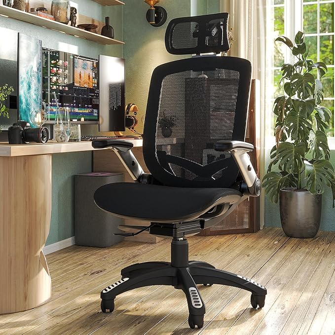 GABRYLLY Ergonomic Office Mesh Chair, High-Back Desk Chair with Sliding Seat, Adjustable Flip-up Armrest & 2D Headrest, 4-Gear Tilt Function, Swivel Computer Gaming Chairs for Man Woman