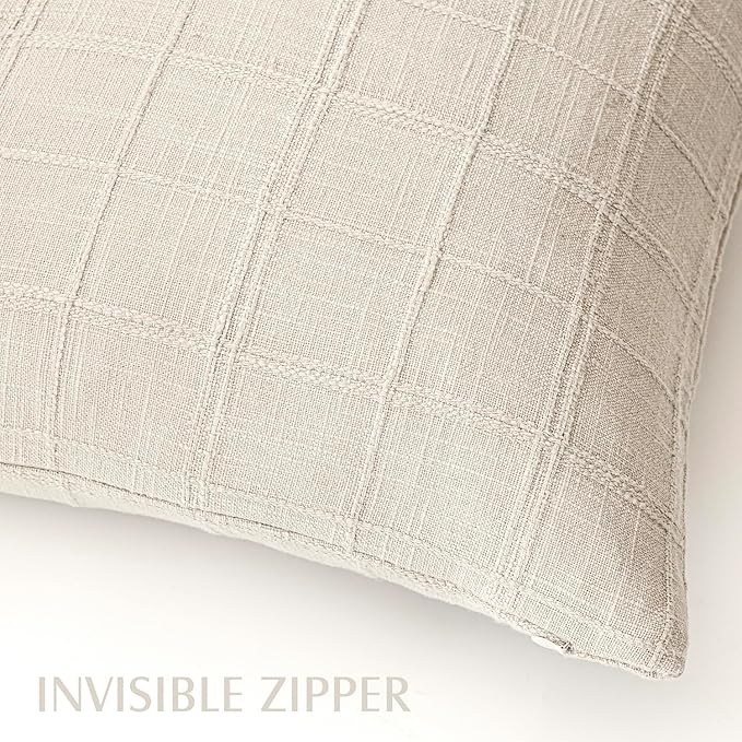 Foindtower Set of 2 Decorative Linen Check Throw Pillow Covers Neutral Farmhouse Vintage Cushion Covers Modern Boho Home Decor For Sofa Chair Couch Bedroom Living Room Outdoor,26×26 Inch,Natural Beige