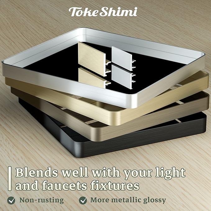 TokeShimi 24 x 32 Inch Brushed Silver Bathroom Mirror for Wall Brushed Brass Metal Rounded Corner Rectangle Mirror Metal Frame Deep Set Design Hangs Horizontal Or Vertical