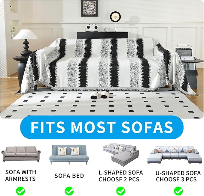LUFEIJIASHI Boho Couch Covers for Sofa Non Slip Sofa Covers Washable Couch Covers for 3 Cushion Couch Sofa Pet Friendly Sectional Couch Cover Blanket Furniture Protector for Dogs (Black, 71"x150")