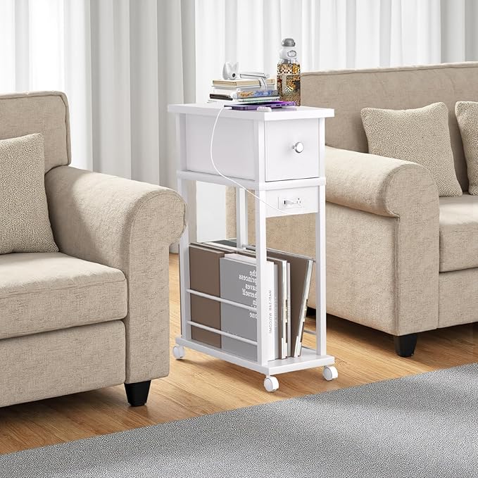 Side Table with Charging Station and Drawer, Narrow End Table with USB Ports and Outlets for Small Space, Living Room, Bedroom and Office, with 4 Wheels (1, White)
